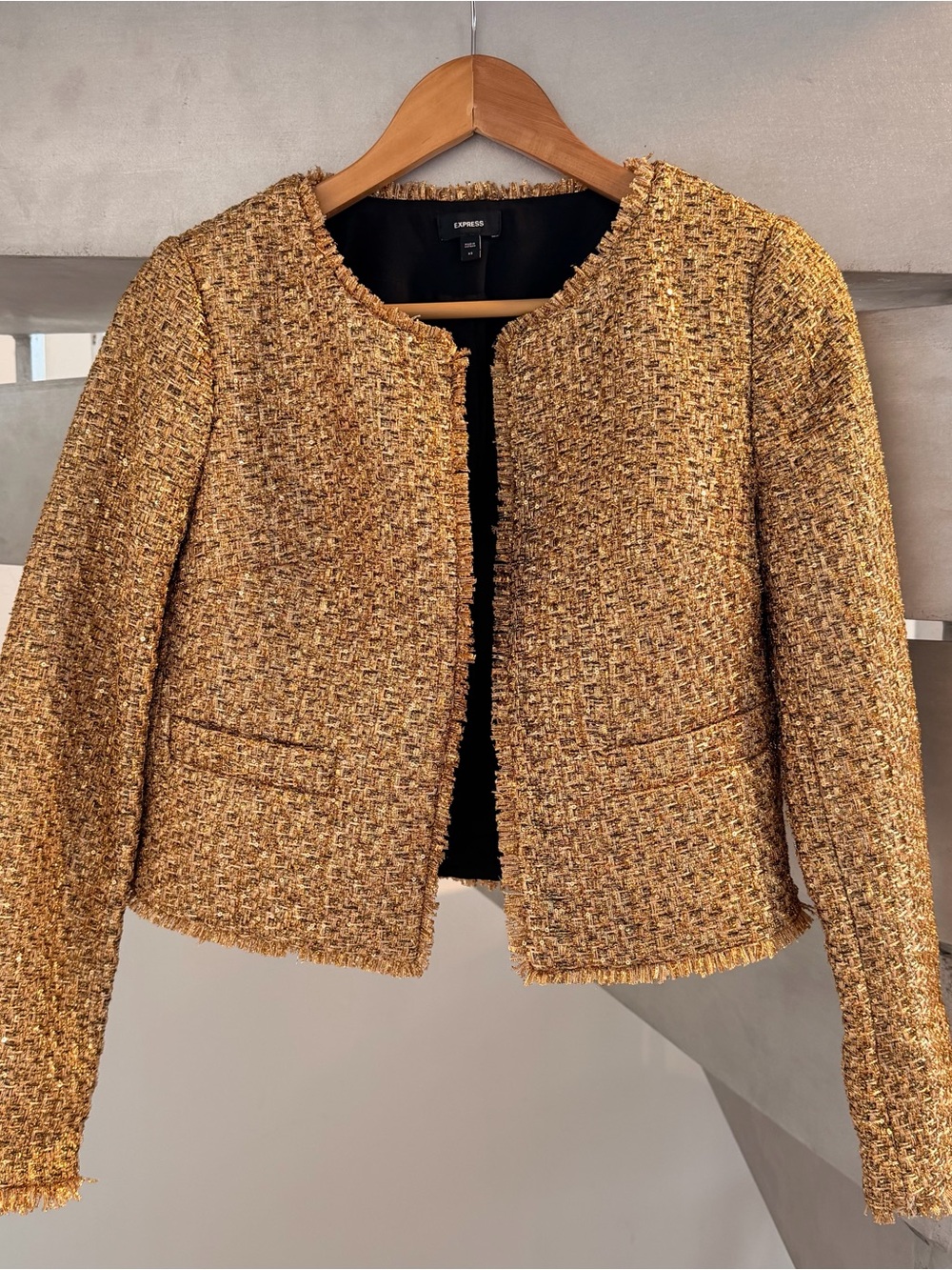 Express Gold Metallic Sequin Tweed Jacket Blazer XS